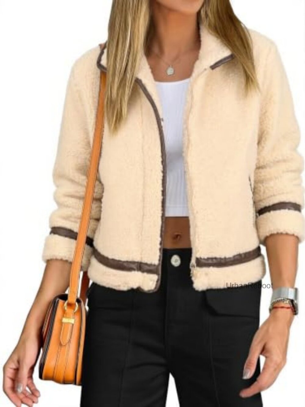 Cropped Sherpa Fleece Jacket Leather Trim Full Zip Teddy Coat